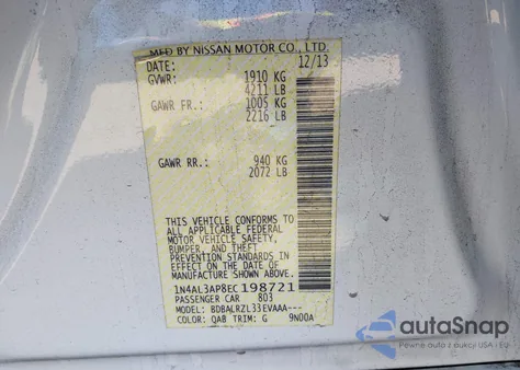 2014 Nissan Altima 2.5/2.5 S/2.5 Sl/2.5 Sv z USA, uszkodzony, nr VIN 1N4AL3AP8EC198721